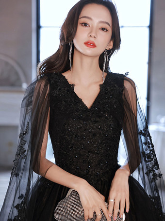 イブニングドレス Aライン Vネック ポリエステル マキシレングス アップリケ フォーマルパーティードレス