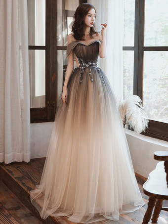 イブニングドレス Aライン バトーネック チュール マキシレングス ビーズ フォーマルディナードレス