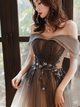 イブニングドレス Aライン バトーネック チュール マキシレングス ビーズ フォーマルディナードレス