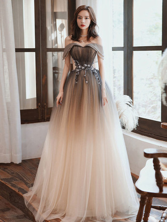 イブニングドレス Aライン バトーネック チュール マキシレングス ビーズ フォーマルディナードレス