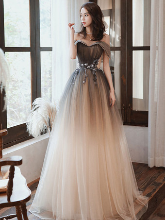 イブニングドレス Aライン バトーネック チュール マキシレングス ビーズ フォーマルディナードレス
