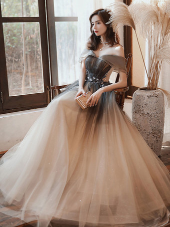 イブニングドレス Aライン バトーネック チュール マキシレングス ビーズ フォーマルディナードレス