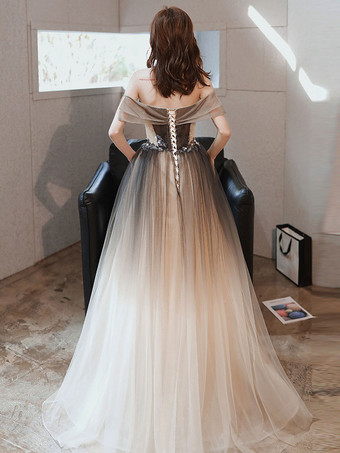 イブニングドレス Aライン バトーネック チュール マキシレングス ビーズ フォーマルディナードレス