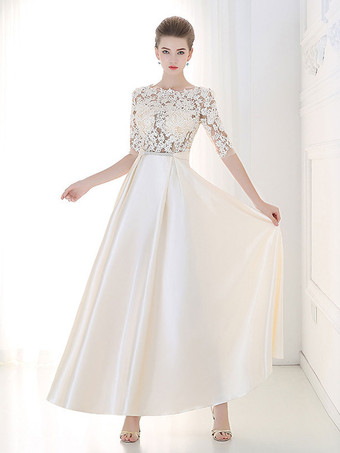 シャンパンイブニングドレス Aライン ジュエルネック マキシレングス ノースリーブ ジッパー アップリケ サテン生地 社交パーティードレス