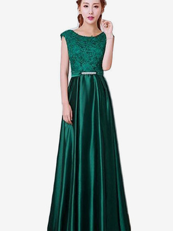 ダークグリーンイブニングドレス Aライン ジュエルネック マキシレングス ノースリーブ ジッパー アップリケ サテン生地 社交パーティードレス