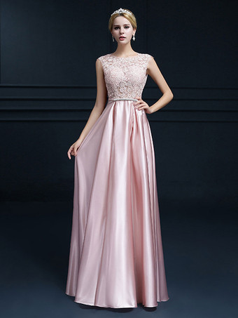ソフトピンクイブニングドレス Aライン ジュエルネック マキシレングス ノースリーブ ジッパー アップリケ サテン生地 社交パーティードレス