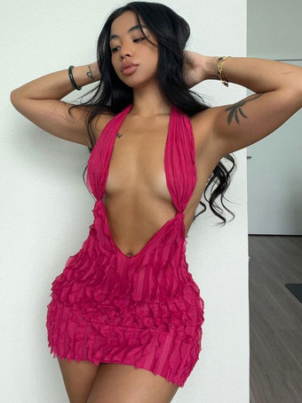 女性のためのクラブドレスローズ V ネックノースリーブセクシーなミニドレス