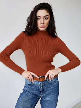 マホガニー女性のためのプルオーバートップスグレーハイカラー長袖セーター