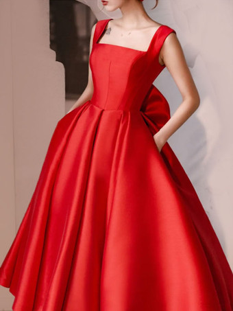 レッドホワイトショートウェディングドレススクエアネックノースリーブAラインティーレングスブライダルドレス無料カスタマイズ