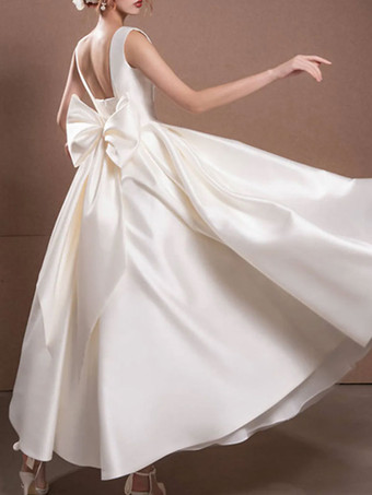 ホワイトショートウェディングドレススクエアネックノースリーブAラインティーレングスブライダルドレス無料カスタマイズ