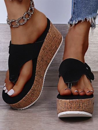 Black Women's PU Leather Wedge Sandals In