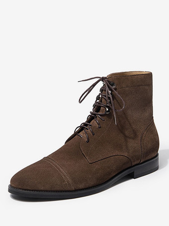 メンズブーツ スエードレザー ラウンドトゥ ワークオックスフォードブーツ ブラウン レースアップ ドレスブーツ