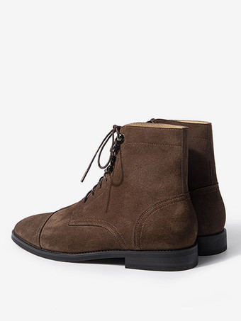 メンズブーツ スエードレザー ラウンドトゥ ワークオックスフォードブーツ ブラウン レースアップ ドレスブーツ