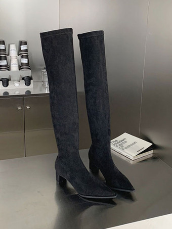 レディース チャンキーヒール マイクロ スエード アッパー サイハイ ブーツ