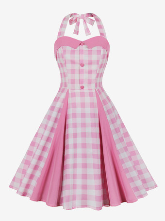ヴィンテージ ドレス ギンガム 1950 年代 ミディ ホルター ドレス バービー ピンク