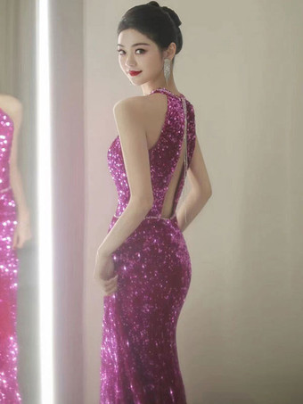 イブニングドレス マーメイド ジュエルネック マキシレングス ノースリーブ ジッパー ビーズ スパンコール フォーマルパーティードレス