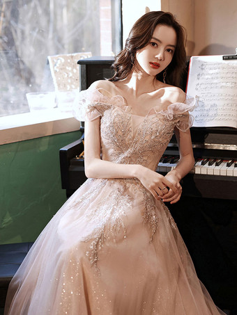 イブニングドレス Aライン イリュージョンネック マキシレングス 半袖 レースアップ アップリケ チュール フォーマルパーティードレス