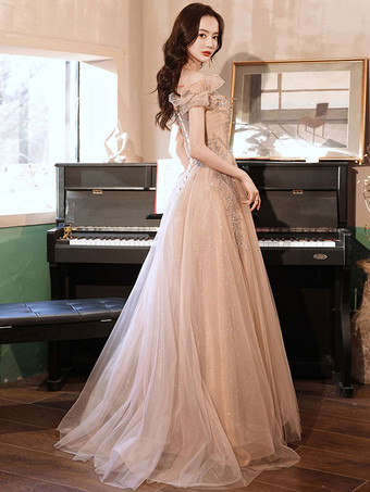 イブニングドレス Aライン イリュージョンネック マキシレングス 半袖 レースアップ アップリケ チュール フォーマルパーティードレス