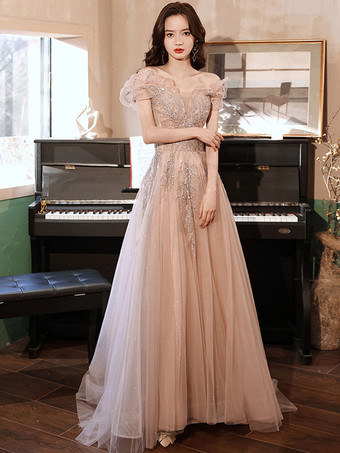 イブニングドレス Aライン イリュージョンネック マキシレングス 半袖 レースアップ アップリケ チュール フォーマルパーティードレス