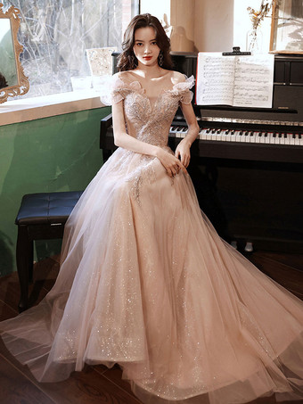 イブニングドレス Aライン イリュージョンネック マキシレングス 半袖 レースアップ アップリケ チュール フォーマルパーティードレス