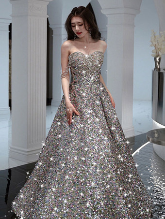 プロムドレス Aライン ストラップレス スパンコール ノースリーブ ビーズ パーティードレス