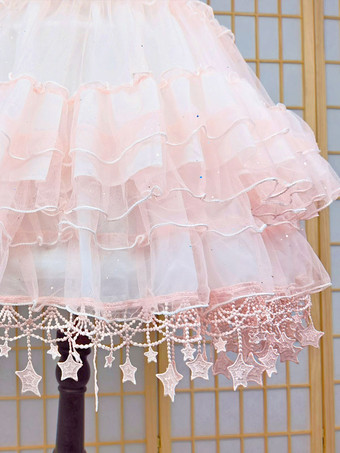 甘いロリータペチコートポリエステルフリルスパンコールゴシックロリータペチコート女性のピンクの星プリントロリータスカート