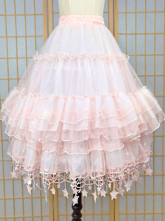 ピンク甘いロリータペチコートポリエステルフリルスパンコールゴシックロリータペチコート女性のピンクの星プリントロリータスカート