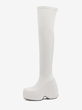 ホワイト セクシーなサイハイブーツ スクエアトゥ プラットフォーム ウェッジヒール ブラック オーバーニーブーツ
