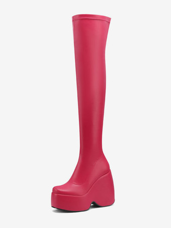 ローズレッドセクシーなサイハイブーツ スクエアトゥ プラットフォーム ウェッジヒール ブラック オーバーニーブーツ