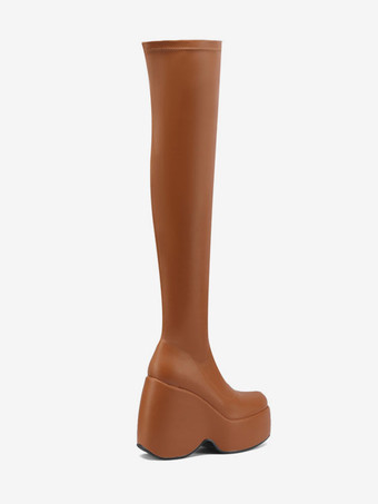 セクシーなサイハイブーツ スクエアトゥ プラットフォーム ウェッジヒール ブラック オーバーニーブーツ