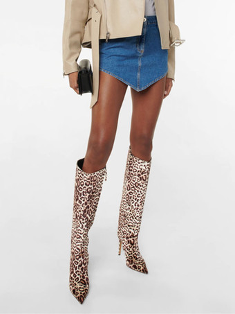 レディース スエード ワイド カーフ ブーツ ヒョウ ハイヒール ニーハイ ブーツ