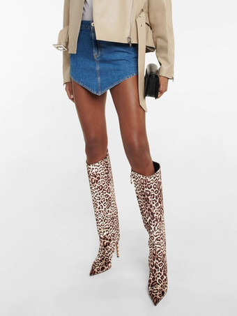 レディース スエード ワイド カーフ ブーツ ヒョウ ハイヒール ニーハイ ブーツ