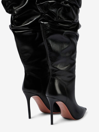 ブラック サイハイブーツ ハイヒール ポインテッドトゥ スラウチブーツ