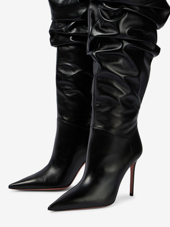 ブラック サイハイブーツ ハイヒール ポインテッドトゥ スラウチブーツ