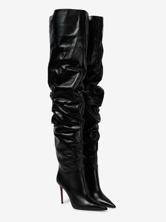 ブラック サイハイブーツ ハイヒール ポインテッドトゥ スラウチブーツ