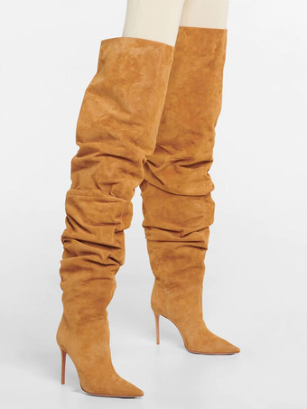 レディース オーバーザニーブーツ ポインテッドトゥ スティレットヒール スエード スラウチ サイハイブーツ