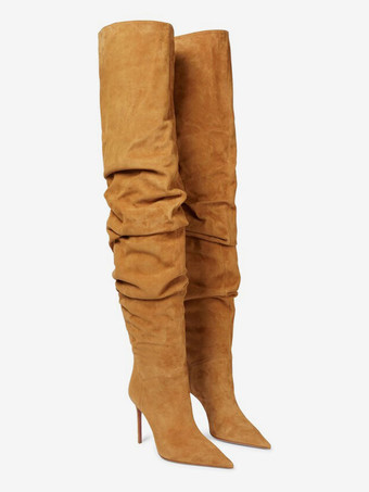 レディース オーバーザニーブーツ ポインテッドトゥ スティレットヒール スエード スラウチ サイハイブーツ