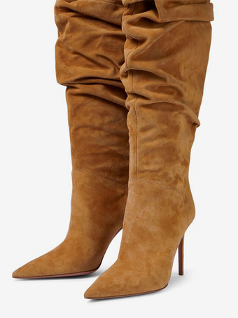 レディース オーバーザニーブーツ ポインテッドトゥ スティレットヒール スエード スラウチ サイハイブーツ