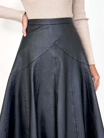 PUレザースカート ウエスト上げ カジュアル ふくらはぎ半ば丈 ボトムス