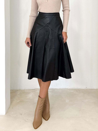 PUレザースカート ウエスト上げ カジュアル ふくらはぎ半ば丈 ボトムス