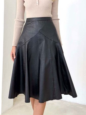 PUレザースカート ウエスト上げ カジュアル ふくらはぎ半ば丈 ボトムス