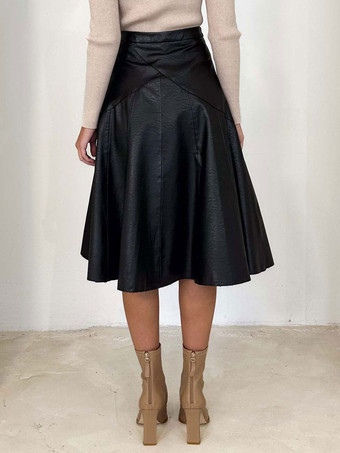 PUレザースカート ウエスト上げ カジュアル ふくらはぎ半ば丈 ボトムス