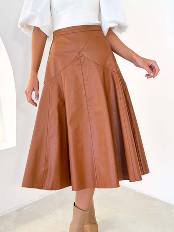 PUレザースカート ウエスト上げ カジュアル ふくらはぎ半ば丈 ボトムス