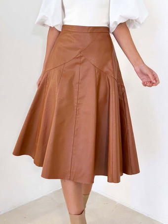 PUレザースカート ウエスト上げ カジュアル ふくらはぎ半ば丈 ボトムス