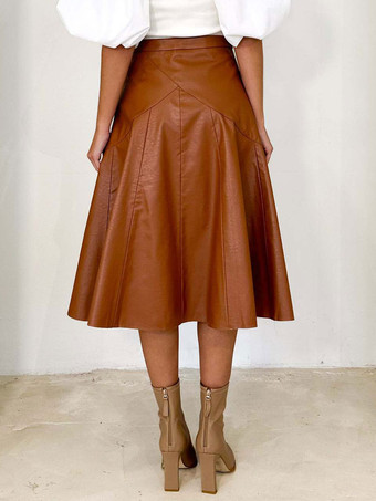 PUレザースカート ウエスト上げ カジュアル ふくらはぎ半ば丈 ボトムス