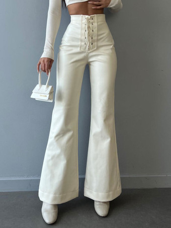 PU Leather Pants Drawstring Raised Waist Trousers For Women