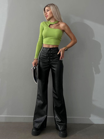 ブラック 女性のためのPUレザーパンツ巾着ウエストパンツ