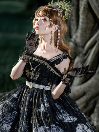   Abiti Lolita gotici Abito con bretelle JSK nero scuro con volant in pizzo