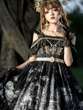   Abiti Lolita gotici Abito con bretelle JSK nero scuro con volant in pizzo