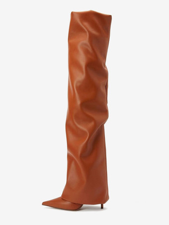 ブラウン オーバーニーブーツ ポインテッドトゥ ハイヒール フォールドオーバー サイハイブーツ